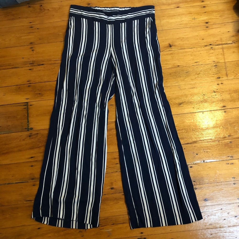 Navy and White Striped Flowy Pants